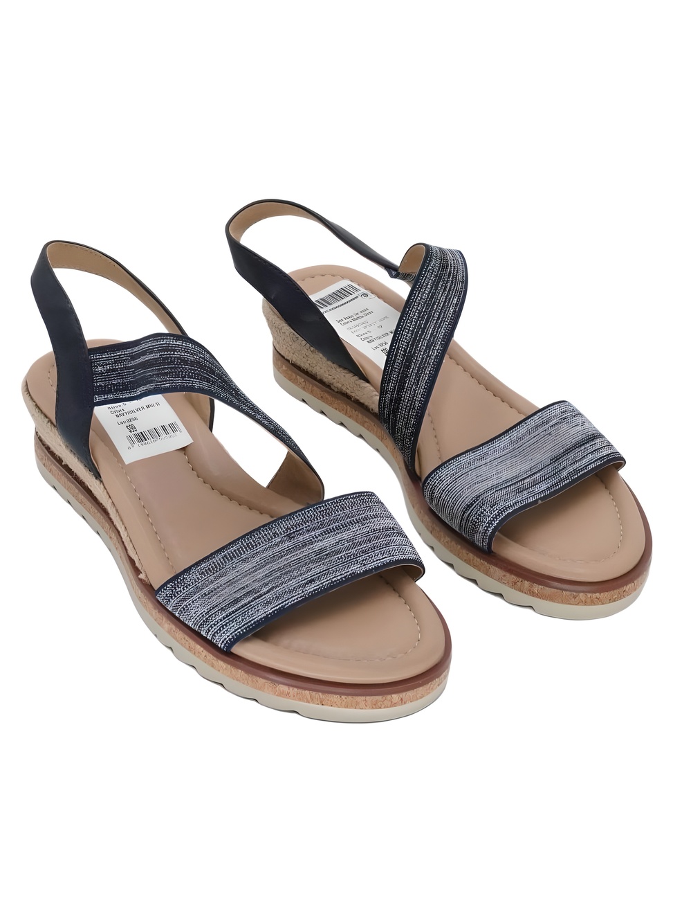 Easy Spirit Sabina Navy Silver Multi Stretch Slingback Wedge Sandals Size 8M